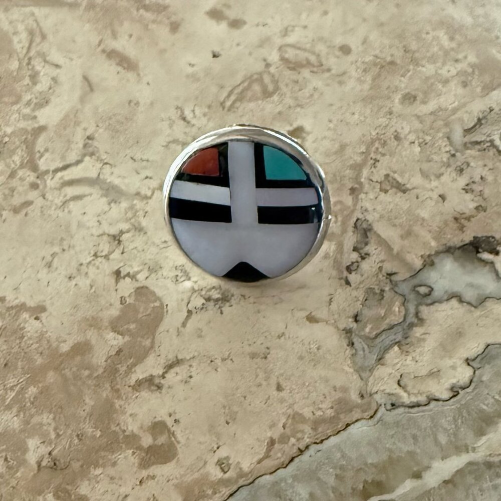Turquoise, Mother of Pearl, Onyx and Coral Zuni Sun Silver Ring Size 5 1/2"